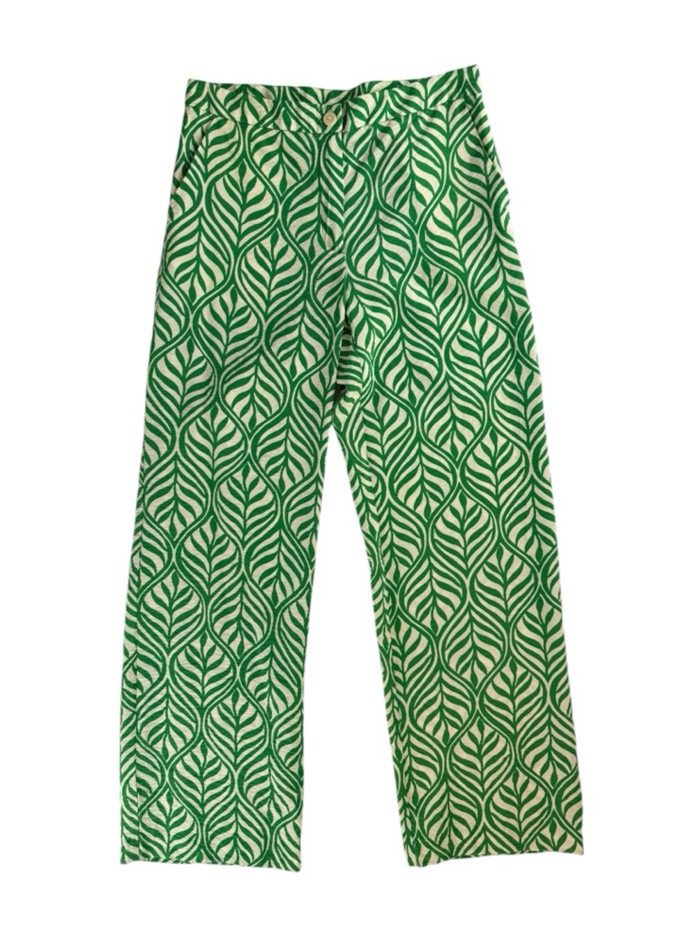 H&M Green Tropical Leaf Print High Waist Straight Leg Pants Sz 6 coastal  beachy